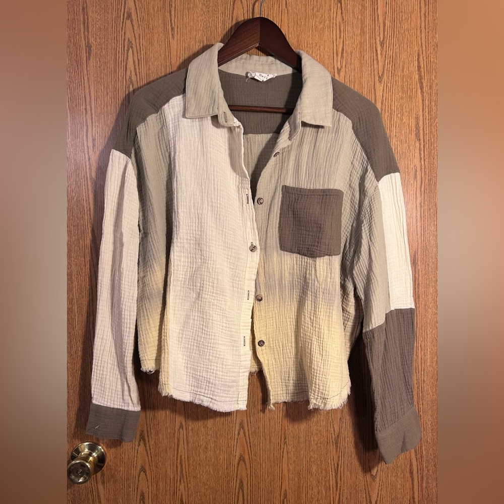 Oli & Hali Raw Fringe Hemmed Patchwork Boho Button Up